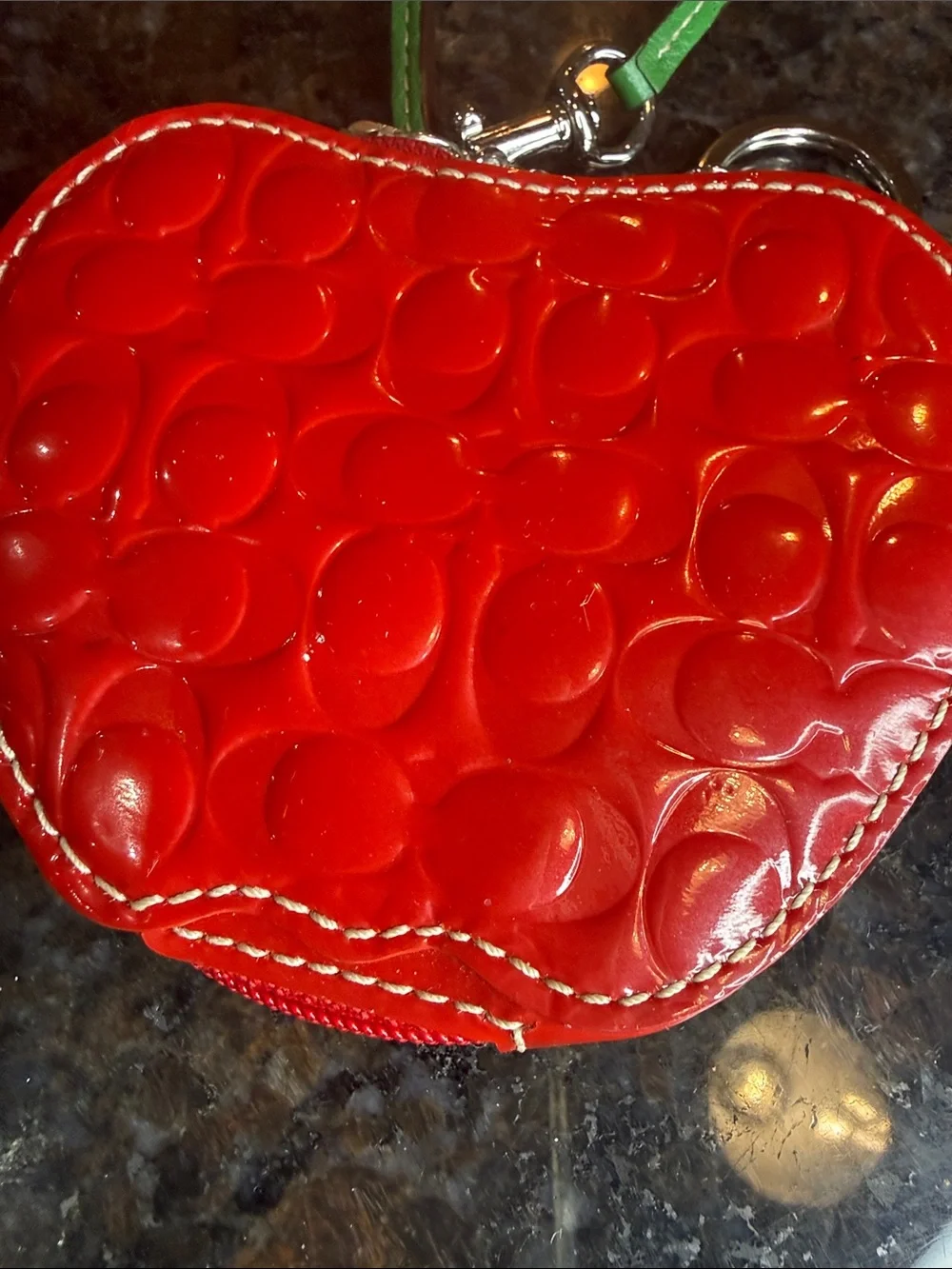 Rare Vintage Coach Red Patent Apple Wristlet Key & Card Holder with Green Leaf